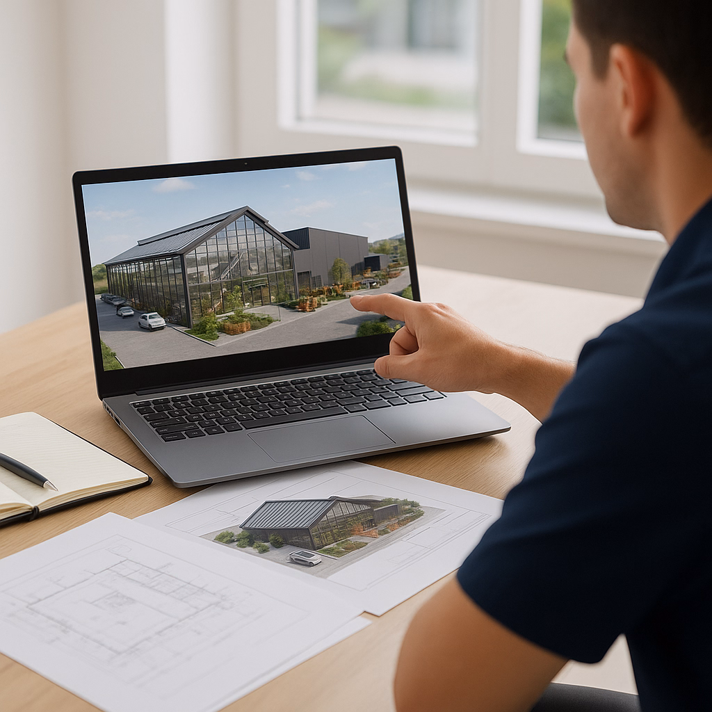 Osoba analizująca wizualizację projektu centrum ogrodniczego na laptopie, obok planów technicznych i dokumentacji projektowej.