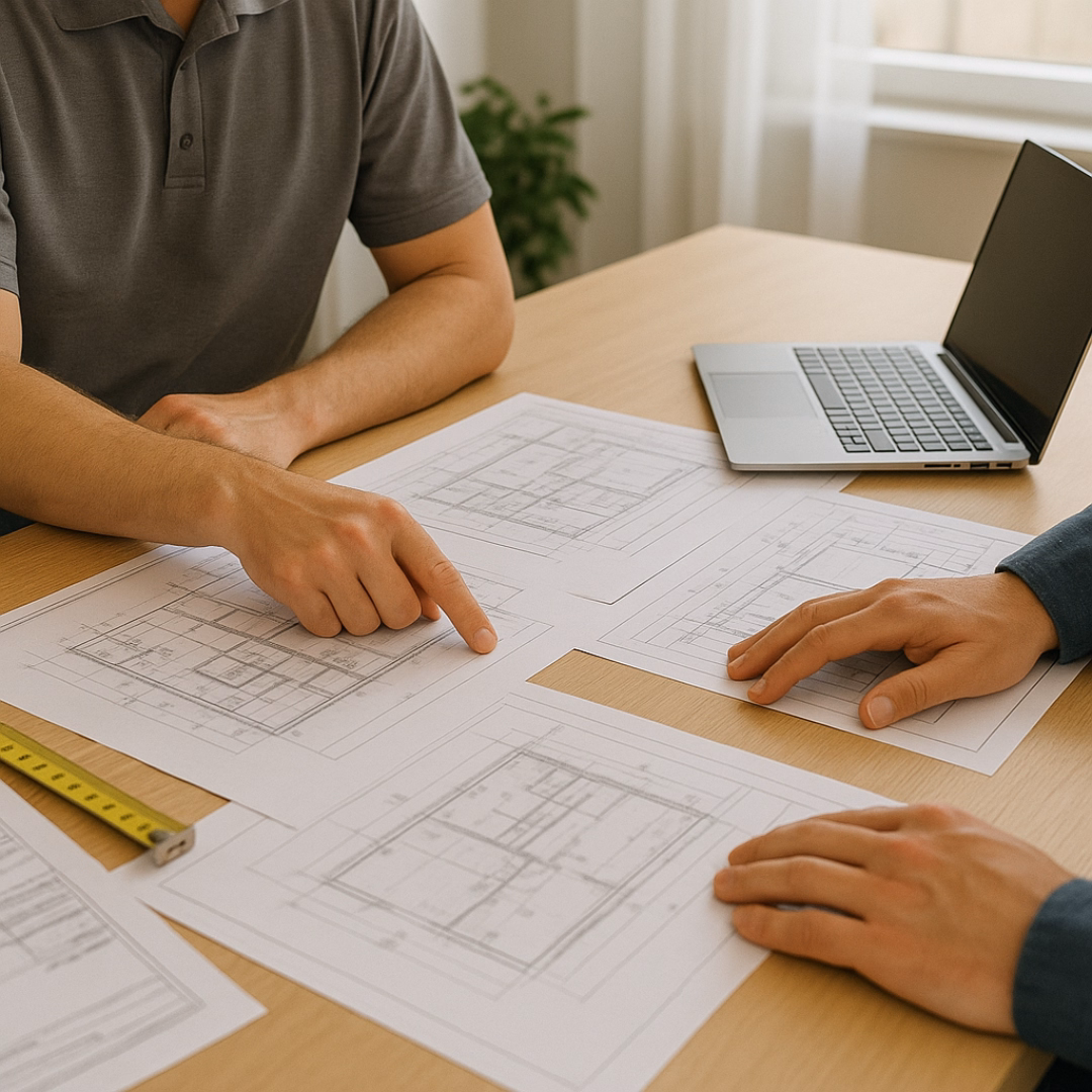 Dwie osoby analizujące rysunki techniczne i dokumentację projektu centrum ogrodniczego podczas etapu przygotowań do budowy.