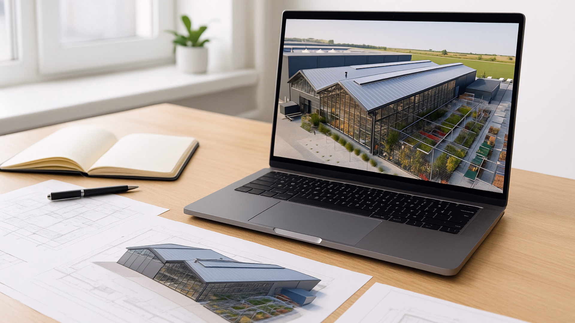 Wizualizacja projektu centrum ogrodniczego na ekranie laptopa obok planów technicznych.