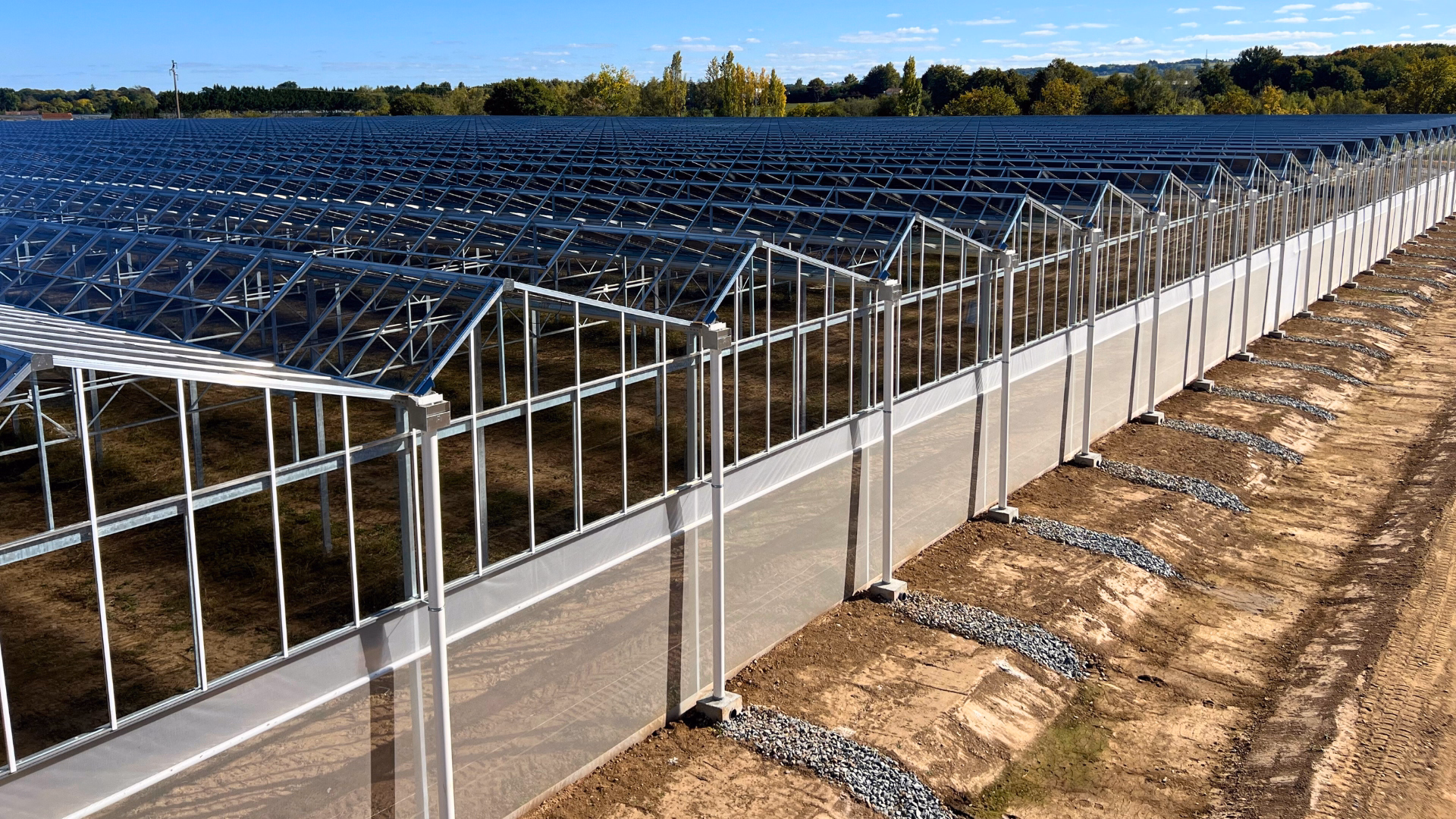Zakończona szklarnia z oszkloną konstrukcją dachu i widocznym systemem odprowadzania deszczówki wzdłuż ścian bocznych.