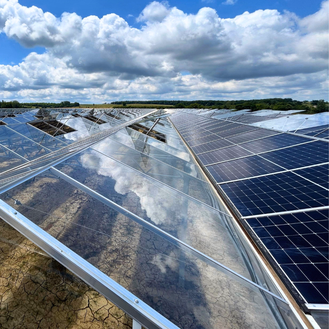 Zbliżenie na dach szklarni z zamontowanymi panelami fotowoltaicznymi oraz połaciami szklanymi, widok z góry w trakcie budowy.