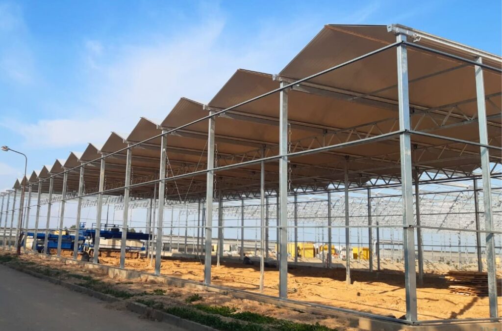 Montaż konstrukcji hali pakowej z widocznymi elementami dachowymi z płyt i stalowymi słupami.