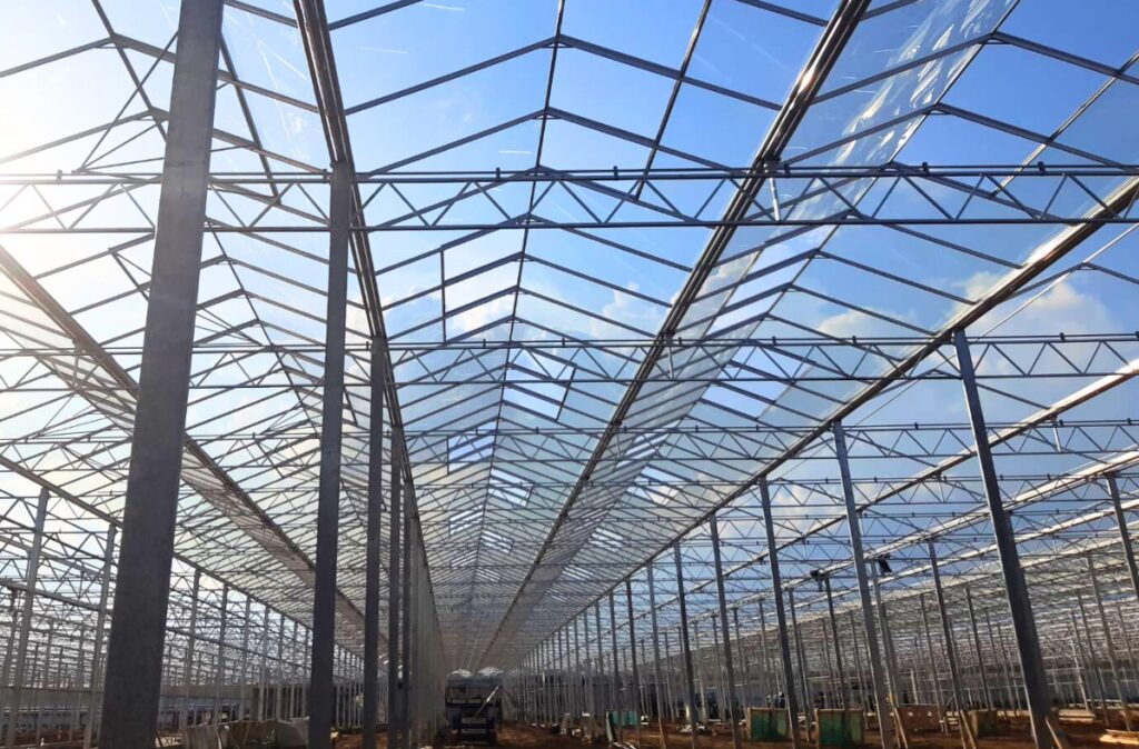Wnętrze montowanej szklarni z widoczną konstrukcją stalową i szkleniem dachu.