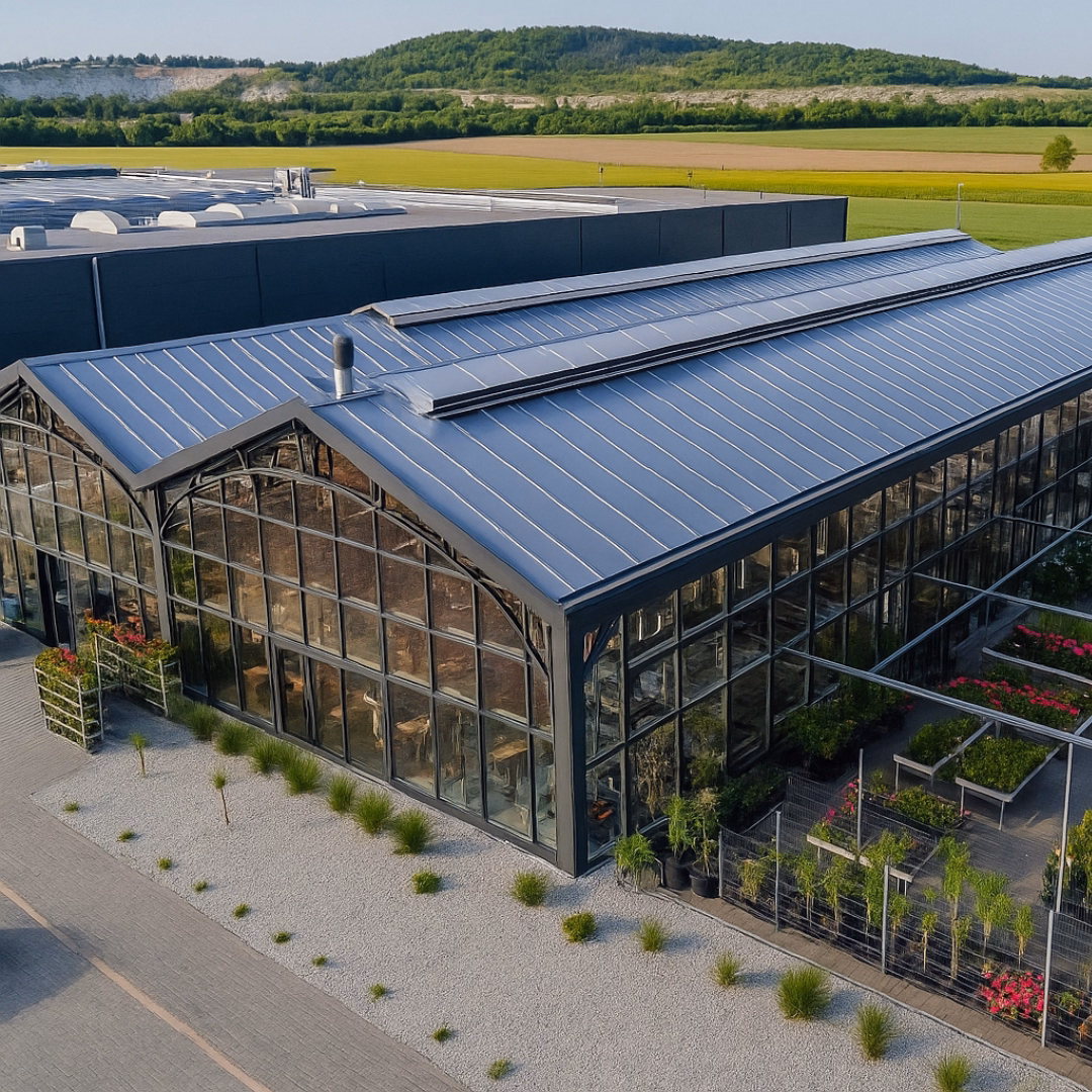 Widok z góry na dział ogrodowy przy markecie budowlanym, wykonany w technologii szklarniowej.