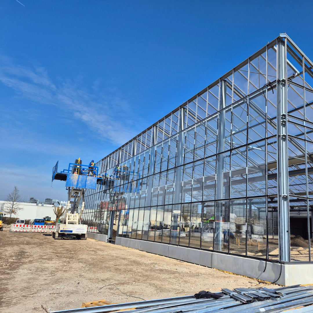 Montaż szklenia elewacji centrum ogrodniczego Ostmann, pracownicy na podnośniku instalują tafle szkła na stalowej konstrukcji.