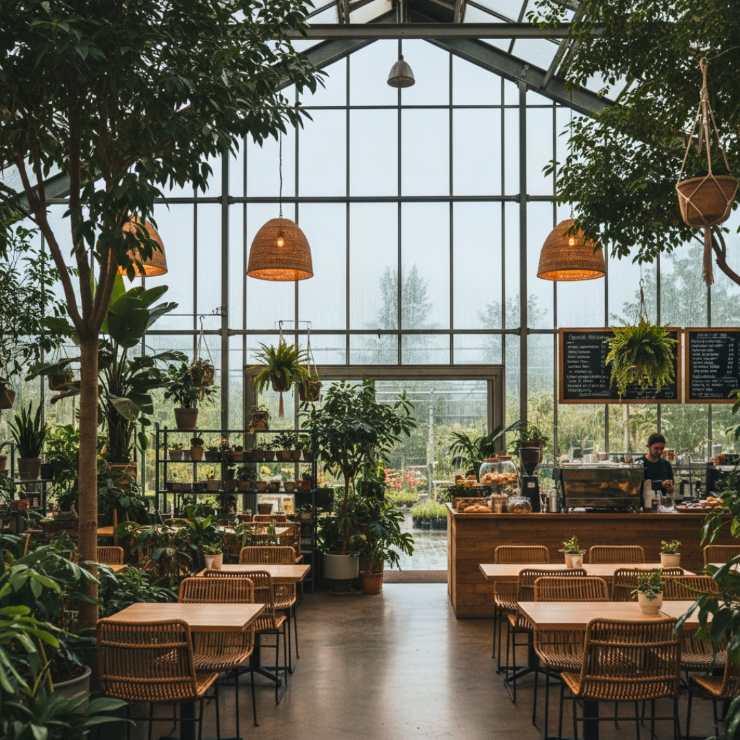 Wnętrze restauracji zbudowanej na bazie konstrukcji szklarniowej.