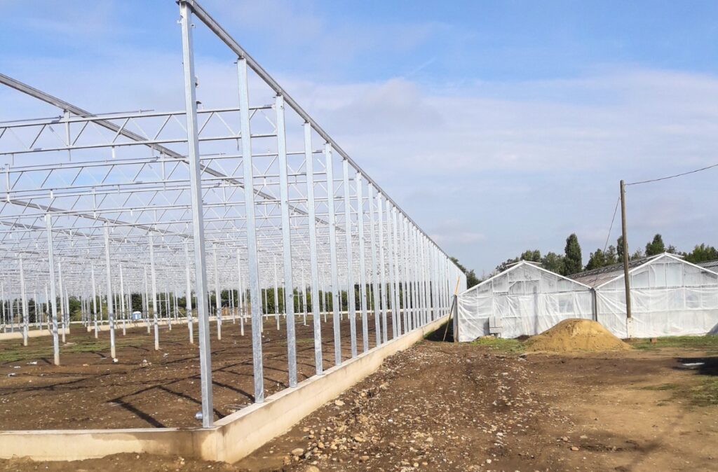 Gotowa konstrukcja stalowa szklarni szklanej osadzona na fundamencie.