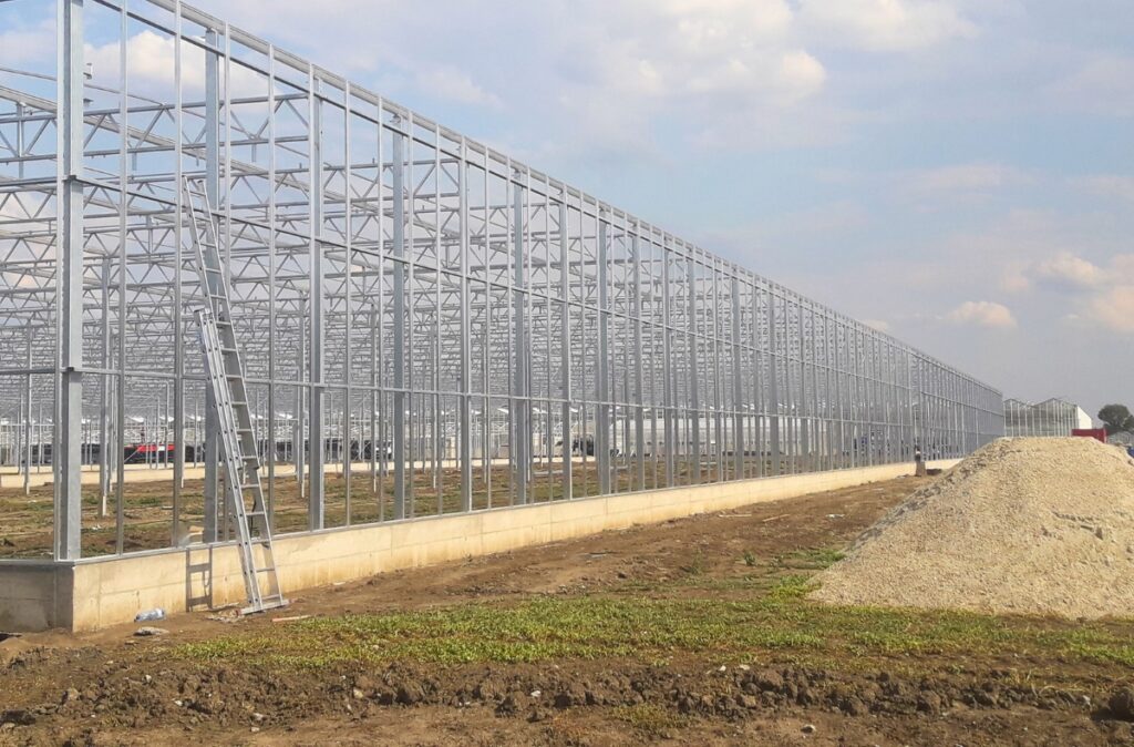 Długa nawa szklarni szklanej z gotową konstrukcją stalową przed szkleniem.