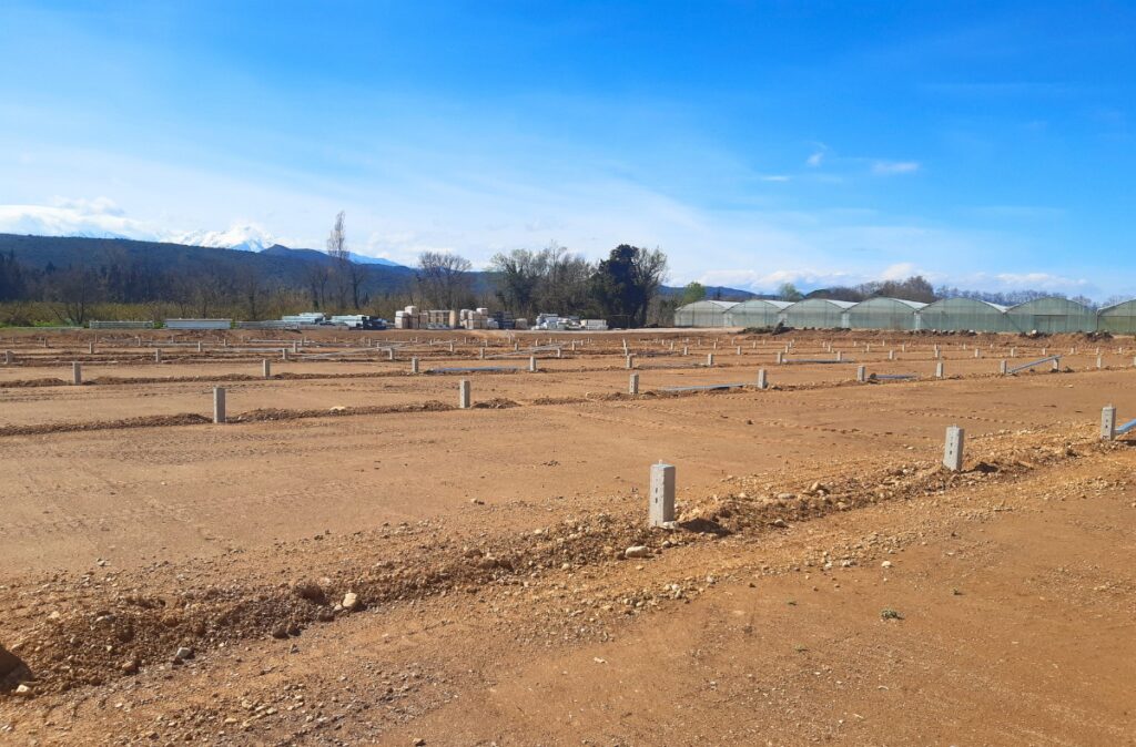 Przygotowanie terenu pod budowę szklarni - wykonane fundamenty punktowe i niwelacja gruntu.