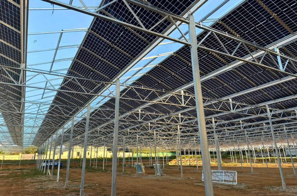 Konstrukcja szklarni fotowoltaicznej z panelami PV widziana od środka.