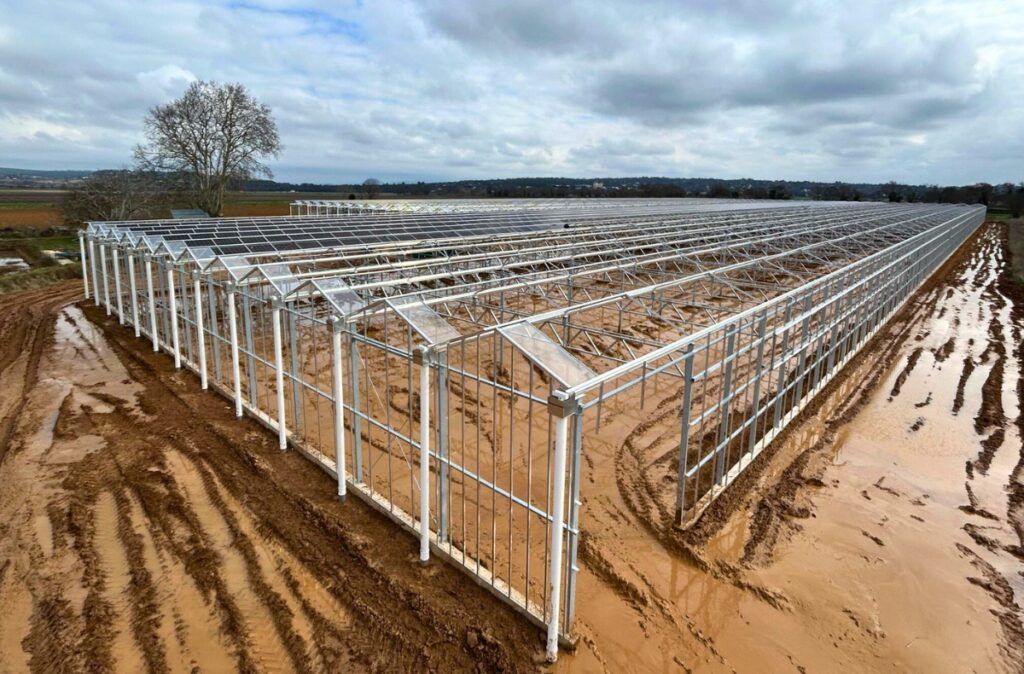 Szklarnia fotowoltaiczna w trakcie realizacji – przygotowanie konstrukcji pod instalację paneli PV.