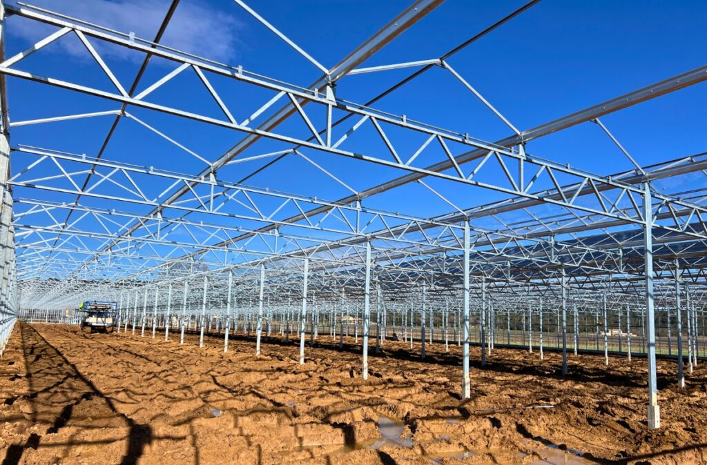 Konstrukcja stalowa szklarni fotowoltaicznej na etapie montażu szkieletu obiektu.
