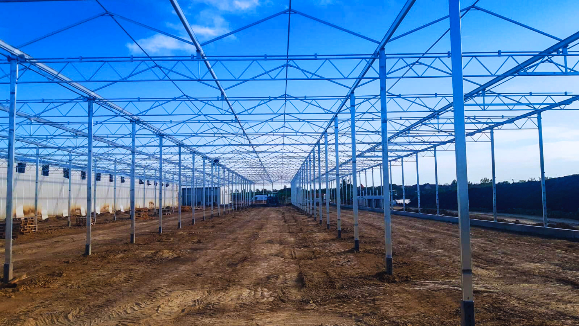 Wnętrze szklarni ogrodniczej – otwarta przestrzeń po montażu konstrukcji.