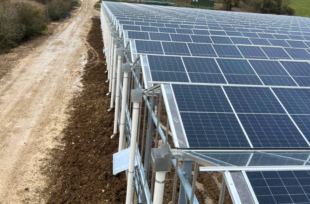 Panele PV zamontowane na dachu szklarni fotowoltaicznej.