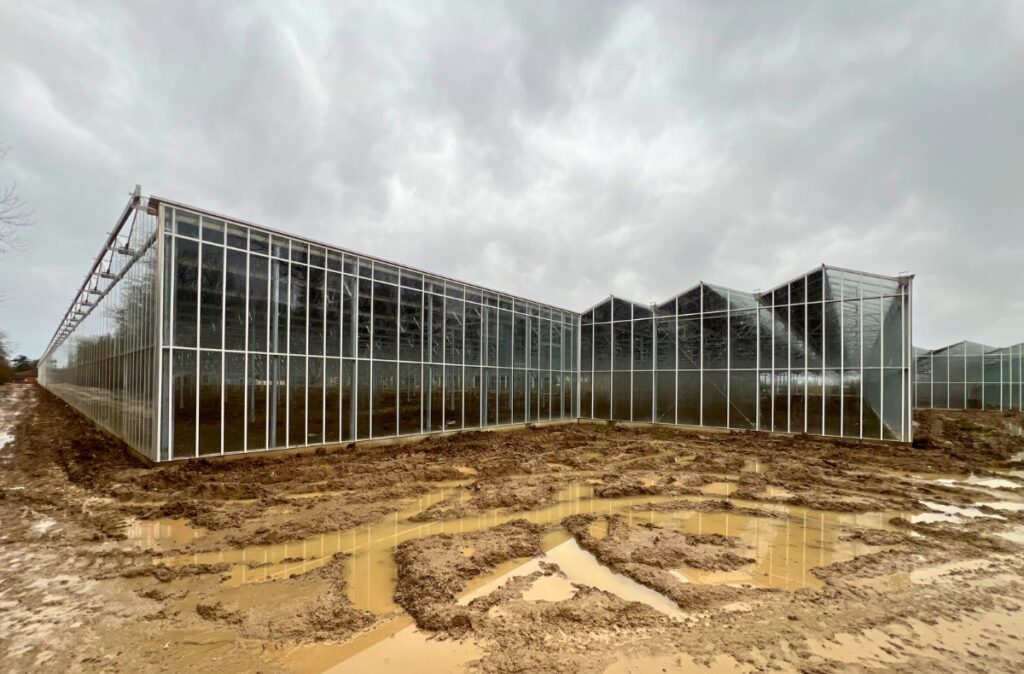 Gotowa szklarnia fotowoltaiczna o nieregularnym układzie bryły.