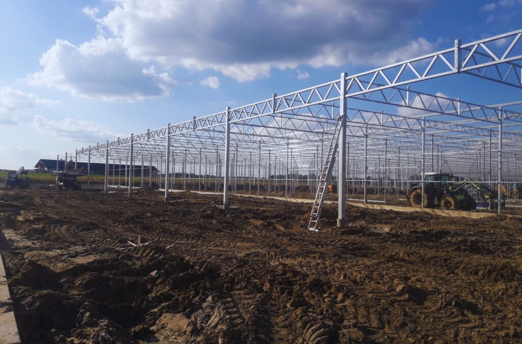 Montaż konstrukcji nośnej szklarni na przygotowanym terenie – widoczne słupy stalowe, kratownice dachowe, drabina montażowa oraz sprzęt budowlany na grząskim podłożu.
