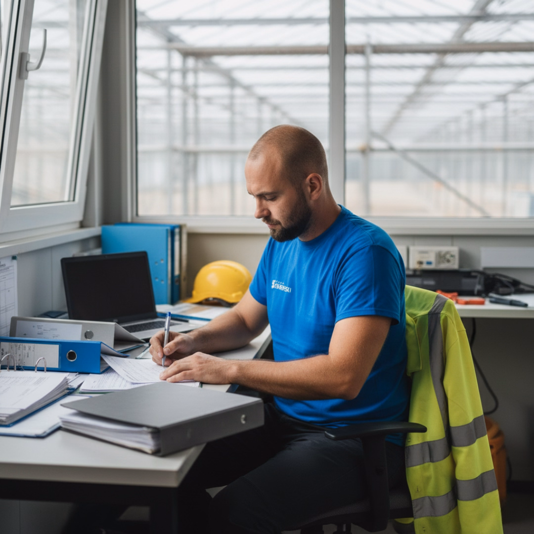 Brygadzista wypełniający dokumentację budowlaną.