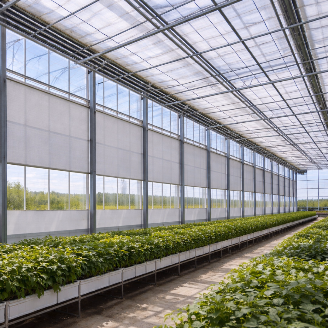 System kurtyn cieniujących i rolet ściennych w nowoczesnej szklarni.