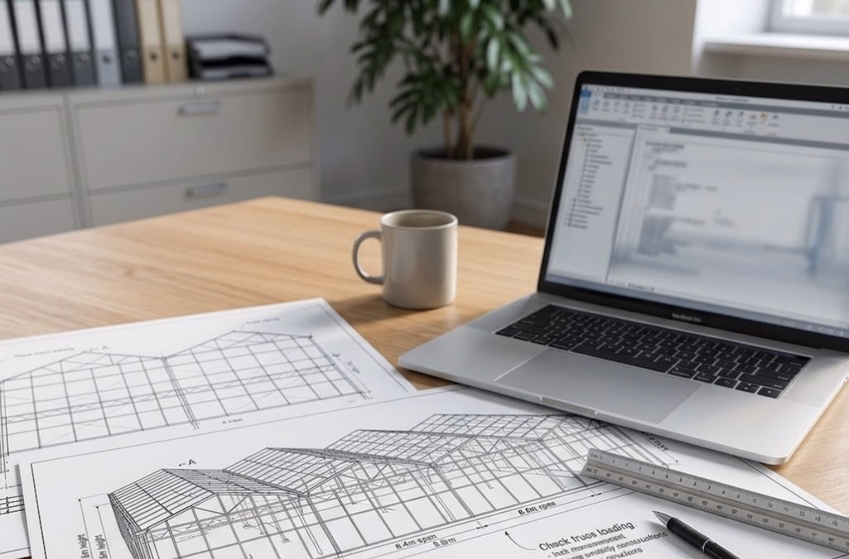 Rysunki techniczne szklarni i laptop z dokumentacją projektową na biurku.