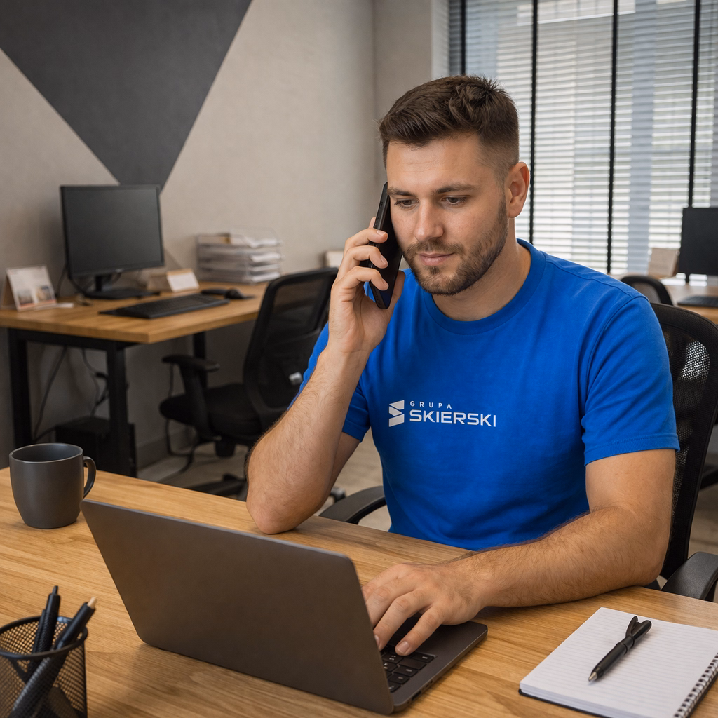 Pracownik biura Skierski przyjmujący zgłoszenie serwisu szklarni. 
