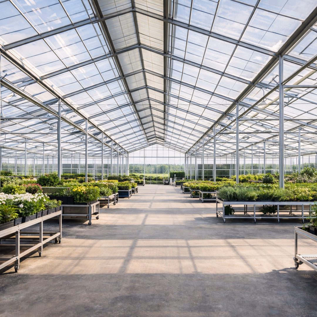 Wnętrze szklarni szerokonawowej z uprawą roślin.