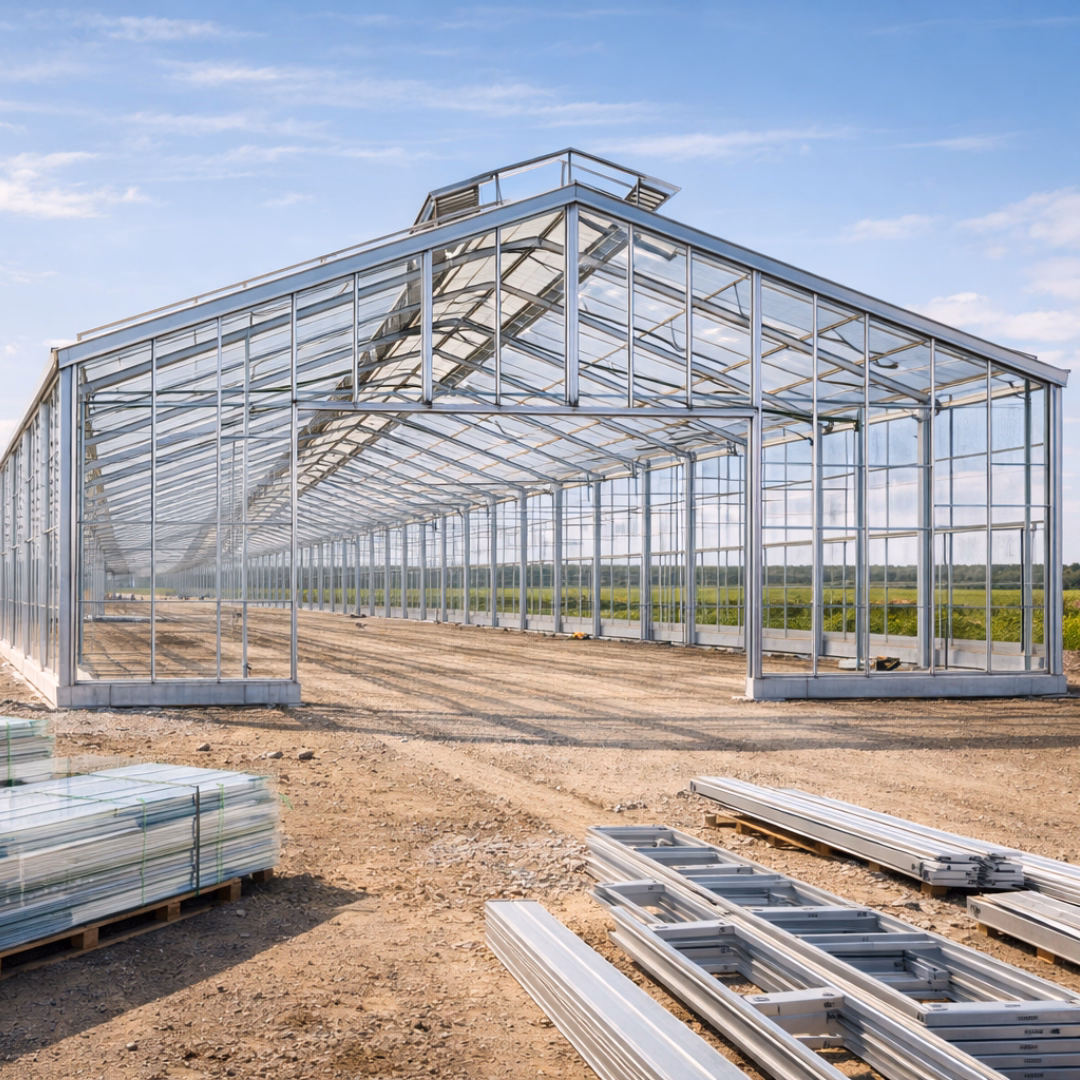 Szklarnia szerokonawowa podczas montażu konstrukcji stalowej.