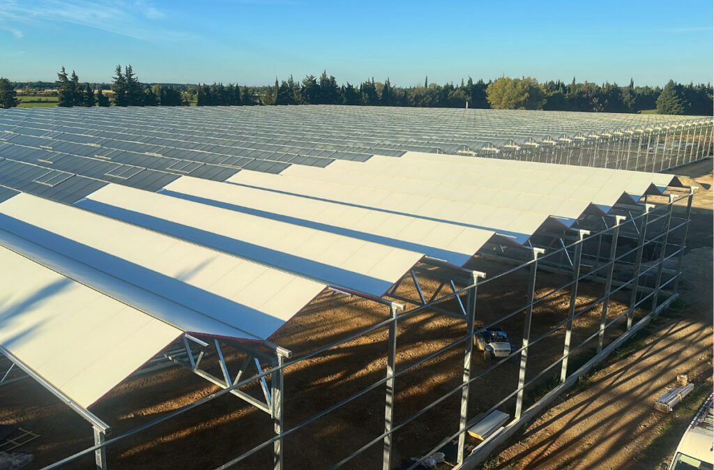 Szklarnia z dachem z paneli warstwowych typu sandwich w trakcie realizacji.