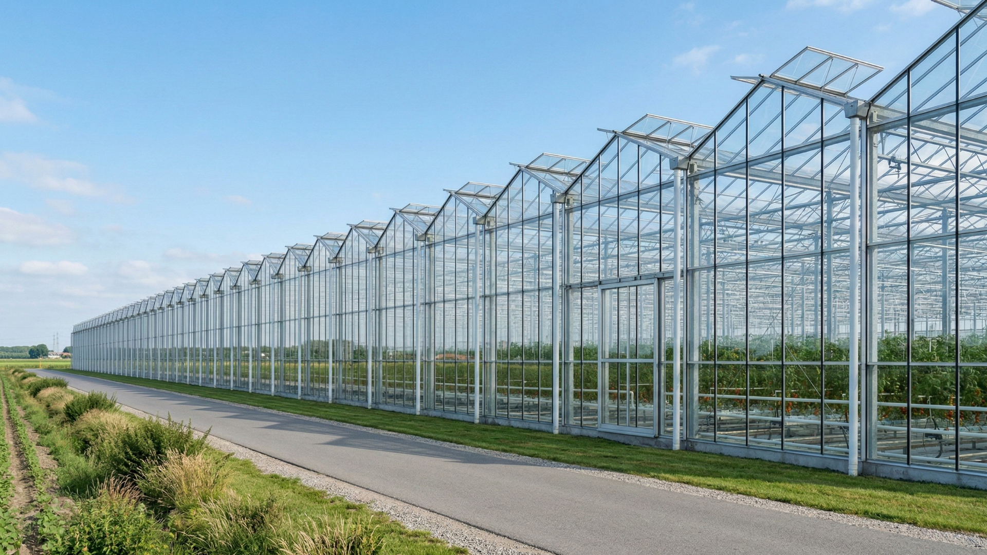 Szklarnia Venlo - widok boczny dużej szklarni produkcyjnej z konstrukcją stalową i przeszklonymi ścianami.