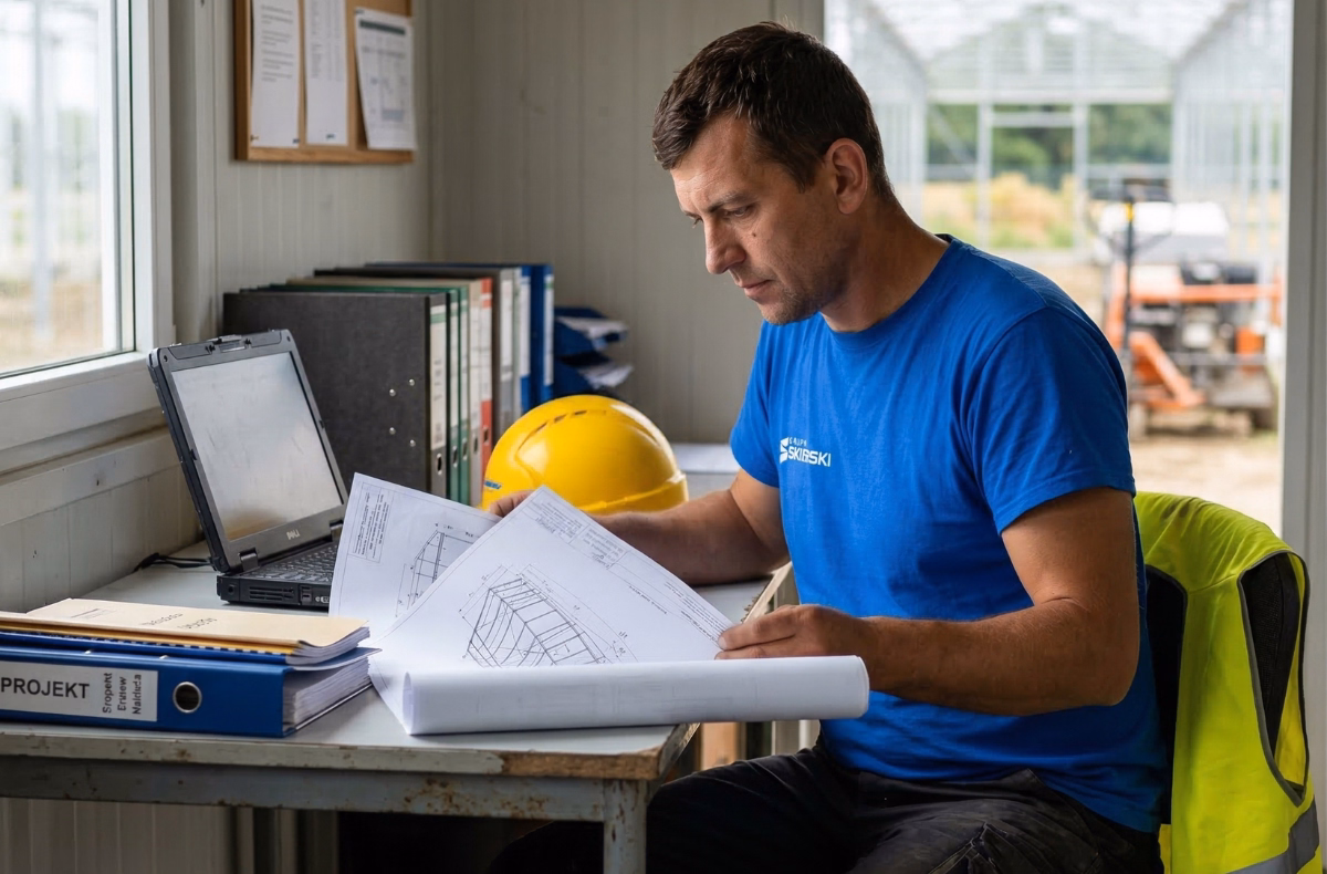 Brygadzista weryfikujący dokumentację budowlaną.